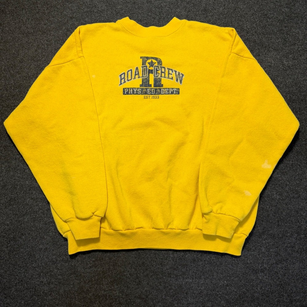 Vintage Tultex Sweatshirt Mens XL Yellow Road Crew Phys Ed Dept Distressed
